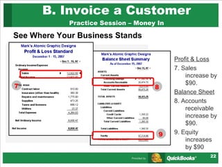 B. Invoice a Customer Practice Session – Money In See Where Your Business Stands Profit & Loss 7. Sales increase by $90. Balance Sheet 8. Accounts receivable increase by $90.  9. Equity increases by $90 7 8 9 