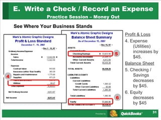 E.  Write a Check / Record an Expense   Practice Session – Money Out See Where Your Business Stands Profit & Loss 4. Expense (Utilities) increases by $45. Balance Sheet 5. Checking / Savings decreases by $45.  6. Equity decreases by $45 4 5 6 