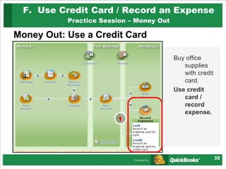 F.  Use Credit Card / Record an Expense Practice Session – Money Out Money Out: Use a Credit Card Buy office supplies with credit card. Use credit card / record expense. 1 