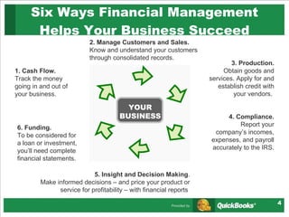Six Ways Financial Management Helps Your Business Succeed 4. Compliance. Report your company’s incomes, expenses, and payroll  accurately to the IRS. 5. Insight and Decision Making . Make informed decisions – and price your product or service for profitability – with financial reports   6. Funding. To be considered for a loan or investment, you’ll need complete financial statements. 1. Cash Flow. Track the money going in and out of your business.  2. Manage Customers and Sales.   Know and understand your customers through consolidated records.  3. Production. Obtain goods and services. Apply for and establish credit with your vendors.  YOUR BUSINESS 