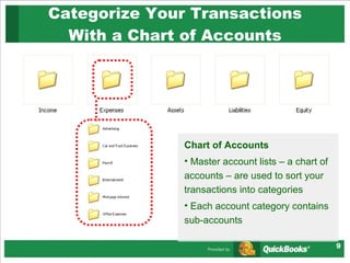 Categorize Your Transactions With a Chart of Accounts Chart of Accounts Master account lists – a chart of accounts – are used to sort your transactions into categories Each account category contains sub-accounts  