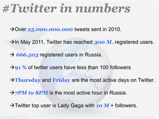 #Twitter in numbers Over 25.000.000.000 tweets sent in 2010.In May 2011, Twitter has reached 300 M. registered users.