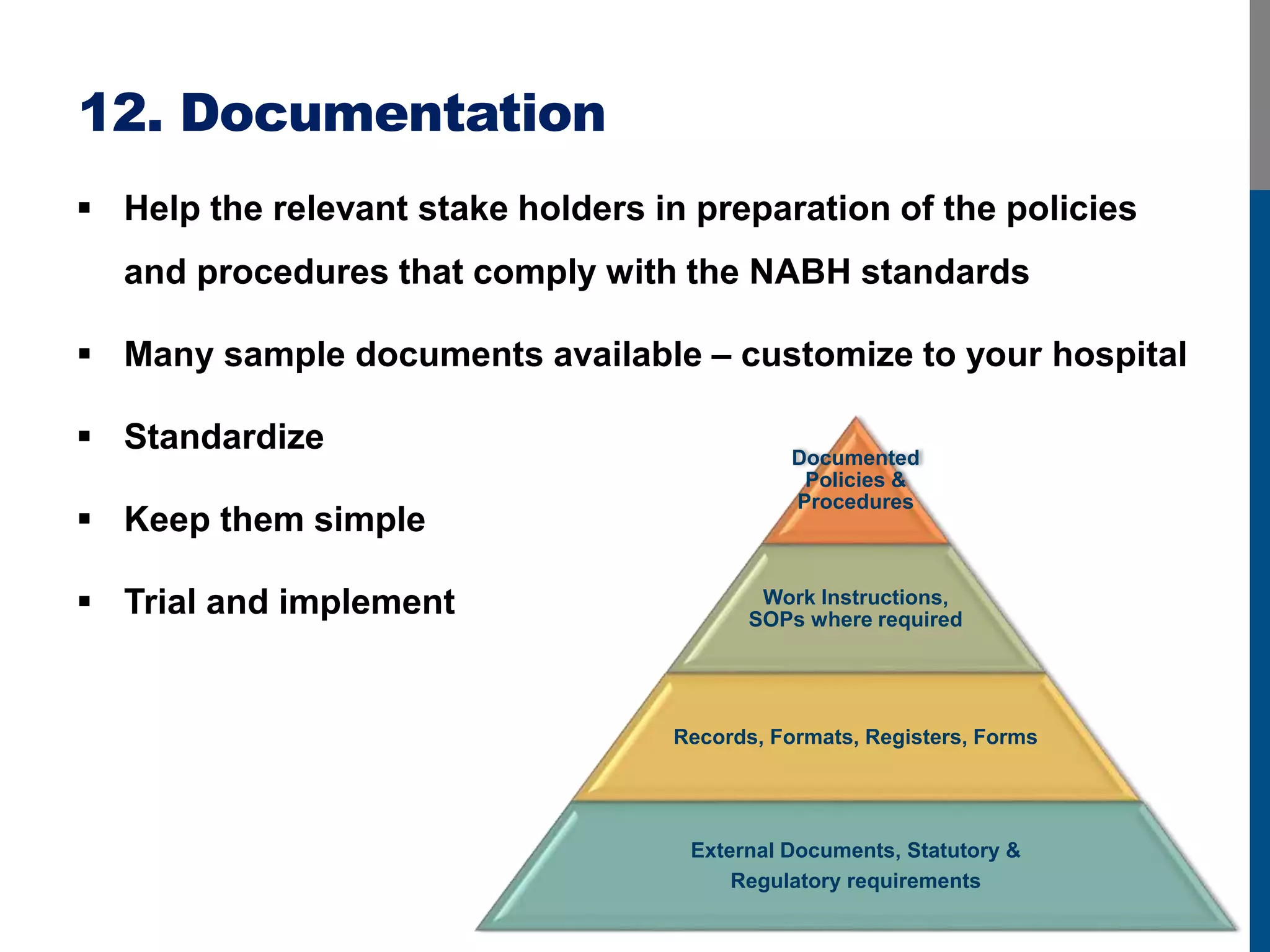 12. Documentation
 Help the relevant stake holders in preparation of the policies
and procedures that comply with the NABH standards
 Many sample documents available – customize to your hospital
 Standardize
 Keep them simple
 Trial and implement
Documented
Policies &
Procedures
Work Instructions,
SOPs where required
Records, Formats, Registers, Forms
External Documents, Statutory &
Regulatory requirements
 