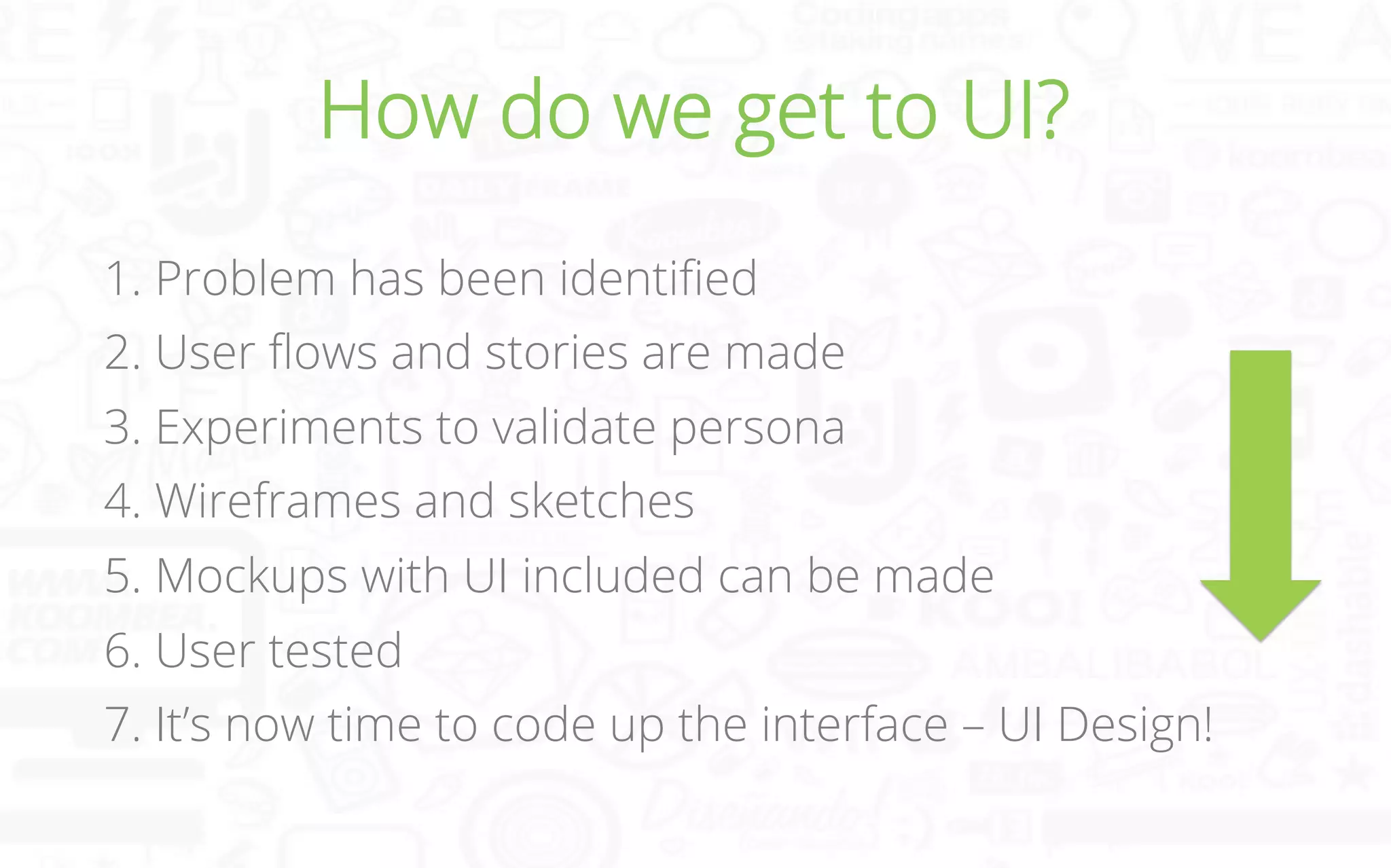 How do we get to UI?	
  
1. Problem has been identiﬁed
2. User ﬂows and stories are made
3. Experiments to validate persona
4. Wireframes and sketches
5. Mockups with UI included can be made
6. User tested
7. It’s now time to code up the interface – UI Design!

 