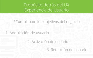Propósito detrás del UX
Experiencia de Usuario
*Cumplir con los objetivos del negocio
1. Adquisición de usuario
2. Activación de usuario
3. Retención de usuario

 