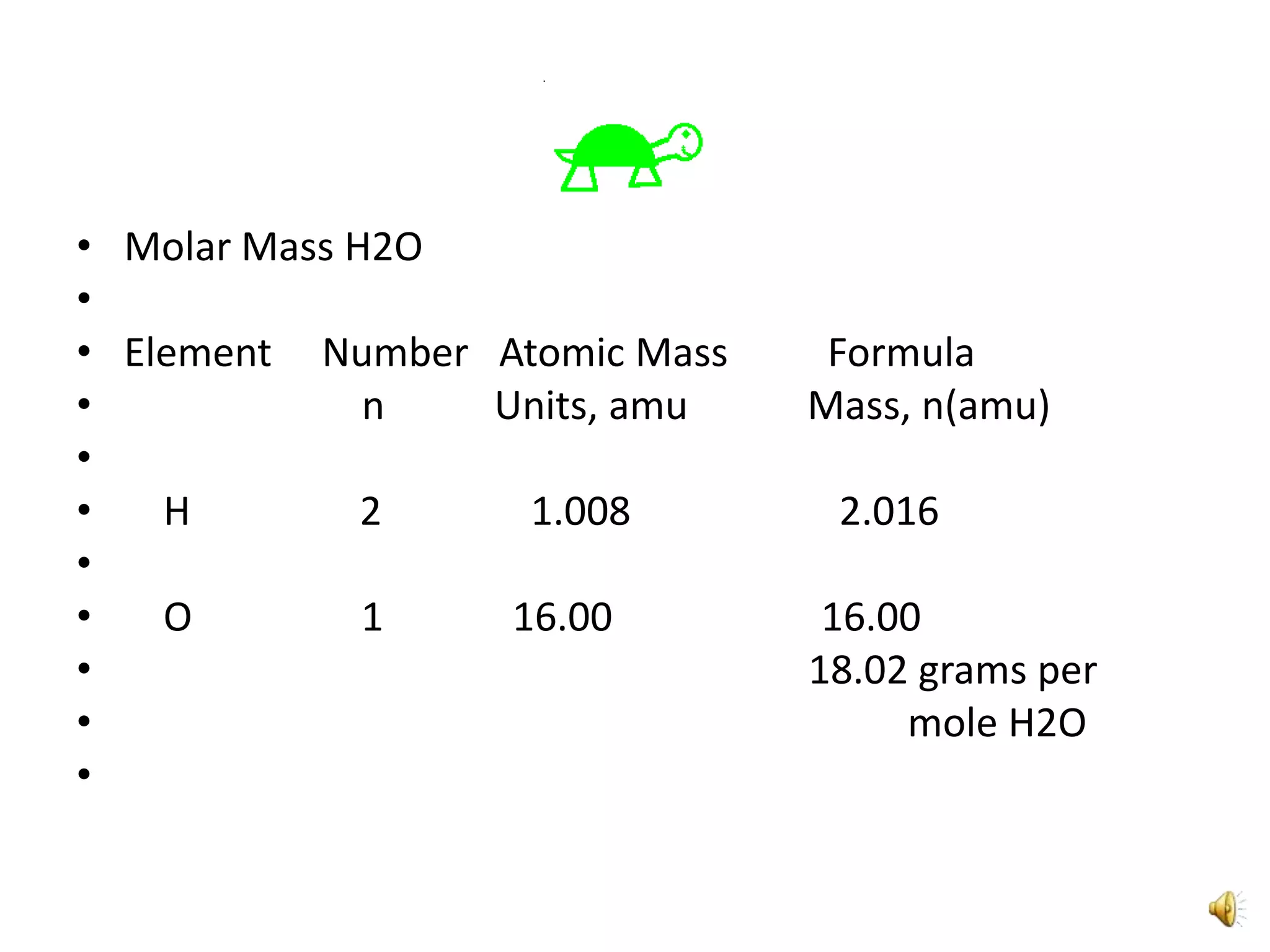 Molar Mass H2O Element     Number   Atomic Mass          Formula                        n           Units, amu            Mass, n(amu)    H                 2               1.008                     2.016     O                 1             16.00                     16.00                                                                     18.02 grams per                                                                               mole H2O 