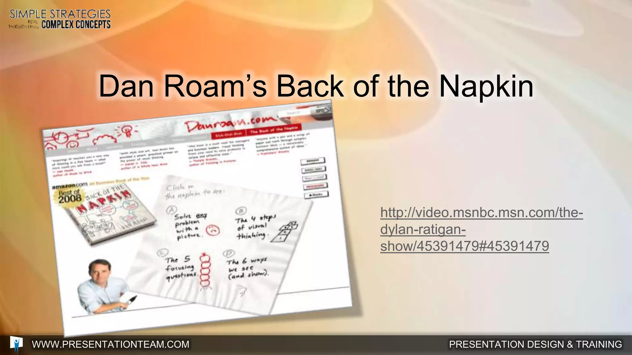 PRESENTATION DESIGN & TRAININGWWW.PRESENTATIONTEAM.COM
Dan Roam’s Back of the Napkin
http://video.msnbc.msn.com/the-
dylan-ratigan-
show/45391479#45391479
 