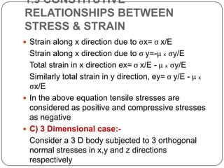 1.9 CONSTITUTIVE
RELATIONSHIPS BETWEEN
STRESS & STRAIN
 Strain along x direction due to ςx= ς x/E

Strain along x direction due to ς y=-μ x ςy/E
Total strain in x direction ex= ς x/E - μ x ςy/E
Similarly total strain in y direction, ey= ς y/E - μ x
ςx/E
 In the above equation tensile stresses are
considered as positive and compressive stresses
as negative
 C) 3 Dimensional case:Consider a 3 D body subjected to 3 orthogonal
normal stresses in x,y and z directions
respectively

 