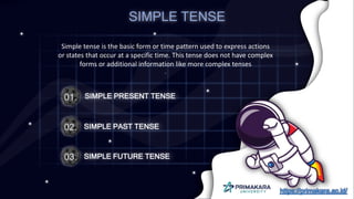01. SIMPLE PRESENT TENSE
SIMPLE PAST TENSE
02.
SIMPLE FUTURE TENSE
03.
SIMPLE TENSE
Simple tense is the basic form or time pattern used to express actions
or states that occur at a specific time. This tense does not have complex
forms or additional information like more complex tenses
.
https://primakara.ac.id/
 