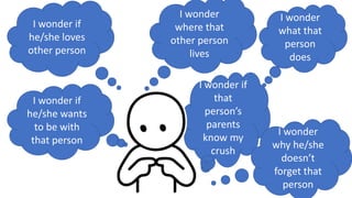 I wonder if
he/she loves
other person
I wonder
where that
other person
lives
I wonder
what that
person
does
I wonder if
he/she wants
to be with
that person
I wonder if
that
person’s
parents
know my
crush
I wonder
why he/she
doesn’t
forget that
person
 