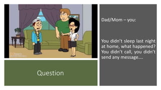 Question
Dad/Mom – you:
You didn’t sleep last night
at home, what happened?
You didn’t call, you didn’t
send any message….
 