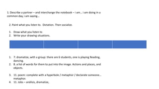 1. Describe a partner – and interchange the notebook – i am… i am doing in a
common day, i am saying…
2. Paint what you listen to. Dictation. Then socialize.
1. Draw what you listen to
2. Write your drawing situations.
1. 7: dramatize, with a group: there are 6 students, one is playing Reading,
dancing.
2. 8. a list of words for them to put into the image. Actions and places, and
objects.
3. 11. poem: complete with a hyperbole / metaphor / declarate someone…
metaphor.
4. 11. Jobs – análisis, dramatize,
 