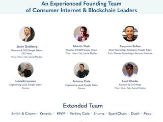Jason Goldberg
Director & CEO Simple Token.  
CEO Pepo
Prior: Hem, Fab, Social Median
Nishith Shah
Director & COO Simple Token
Prior: Hem, Fab, Social Median
Benjamin Bollen
Chief Technology Strategist, Simple Token
Prior: Monax, Hyperledger Burrow, Maidsafe
Sunil Khedar
Founder & CTO Pepo
Prior: Hem, Fab, Social Median
Smith & Crown • Kenetic • KWM • Perkins Coie • Enuma • SparkChain • Duoh • Pepo
Lionello Lunesu
Engineering Lead, Simple Token
Enuma
Extended Team
Antoine Cote
Engineering Lead, Simple Token
Enuma
An Experienced Founding Team
of Consumer Internet & Blockchain Leaders
6
 