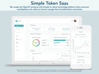 23
Simple Token Saas
We couple the OpenST protocol with Simple A robust technology platform that consumer
marketplaces can utilize to launch manage their branded token economies
SIMPLE TOKENS STAKED
Directional Design Mock Only. Note: No ﬁat currency is stored in the platform or in Simple Token or Member Company wallets.
“Buy more” and “cash out” transactions involve the transfer of Simple Token for ﬁat currency through a 3rd party exchange.
 