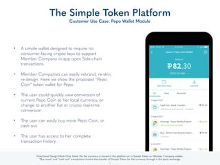 • A simple wallet designed to require no
consumer-facing crypto keys to support
Member Company in-app open Side-chain
transactions. 
• Member Companies can easily rebrand, re-skin,
re-design. Here we show the proposed “Pepo
Coin” token wallet for Pepo. 
• The user could quickly view conversion of
current Pepo Coin to her local currency, or
change to another ﬁat or crypto real-time
conversion. 
• The user can easily buy more Pepo Coin, or
cash out. 
• The user has access to her complete
transaction history.
The Simple Token Platform
Customer Use Case: Pepo Wallet Module
31
Directional Design Mock Only. Note: No ﬁat currency is stored in the platform or in Simple Token or Member Company wallets.
“Buy more” and “cash out” transactions involve the transfer of Simple Token for ﬁat currency through a 3rd party exchange.
 