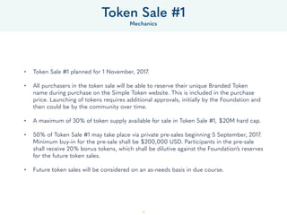 52
• Token Sale #1 planned for 1 November, 2017. 
• All purchasers in the token sale will be able to reserve their unique Branded Token
name during purchase on the Simple Token website. This is included in the purchase
price. Launching of tokens requires additional approvals, initially by the Foundation and
then could be by the community over time. 
• A maximum of 30% of token supply available for sale in Token Sale #1, $20M hard cap. 
• 50% of Token Sale #1 may take place via private pre-sales beginning 5 September, 2017.
Minimum buy-in for the pre-sale shall be $200,000 USD. Participants in the pre-sale
shall receive 20% bonus tokens, which shall be dilutive against the Foundation’s reserves
for the future token sales. 
• Future token sales will be considered on an as-needs basis in due course.
Token Sale #1
Mechanics
 
