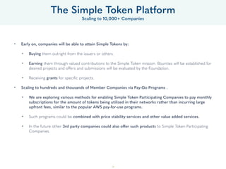 39
• Early on, companies will be able to attain Simple Tokens by: 
• Buying them outright from the issuers or others. 
• E...