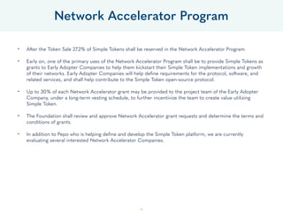 46
• After the Token Sale 27.2% of Simple Tokens shall be reserved in the Network Accelerator Program. 
• Early on, one of...