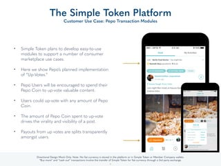 • Simple Token plans to develop easy-to-use
modules to support a number of consumer
marketplace use cases. 
• Here we show...