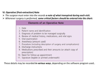 VI. Operative (Post-extraction) Note
➢ The surgeon must enter into the records a note of what transpired during each visit.
➢ Whenever surgery is performed, some critical factors should be entered into the chart:
These details may be recorded in various ways, depending on the software program used..
 