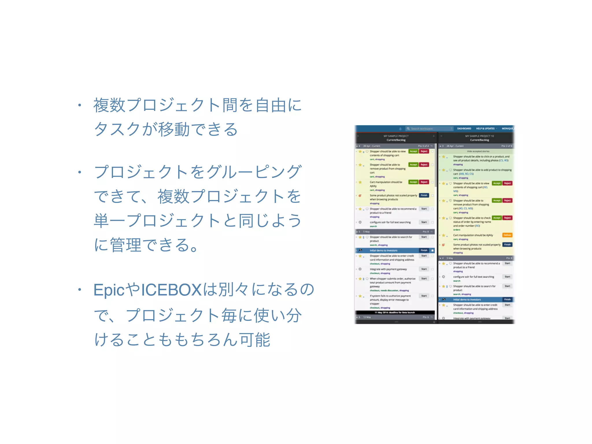 • 複数プロジェクト間を自由に
タスクが移動できる
• プロジェクトをグルーピング
できて、複数プロジェクトを
単一プロジェクトと同じよう
に管理できる。
• EpicやICEBOXは別々になるの
で、プロジェクト毎に使い分
けることももちろん可能
 