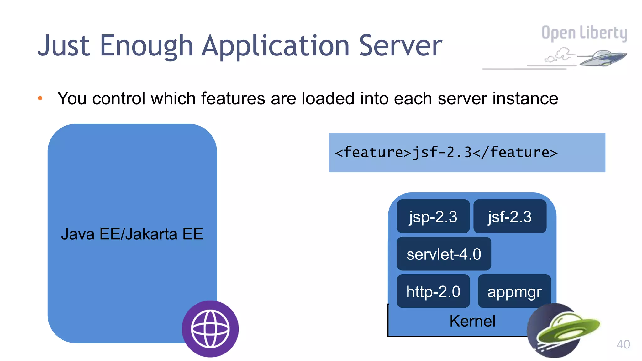 40
<feature>servlet-4.0</feature>
<feature>jsf-2.3</feature>
Just Enough Application Server
• You control which features are loaded into each server instance
Kernel
servlet-4.0
http-2.0 appmgr
jsp-2.3 jsf-2.3
Java EE/Jakarta EE
 