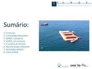 Sumário:
1. O recurso
2. A tecnologia Waveroller
3. SURGE, o projecto
4. SURGE, em números
5. A escolha de Peniche
6. Monitorização ambiental
7. Resultados obtidos
8. Video SURGE
 