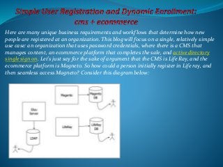 Here are many unique business requirements and workflows that determine how new
people are registered at an organization. This blog will focus on a single, relatively simple
use case: an organization that uses password credentials, where there is a CMS that
manages content, an ecommerce platform that completes the sale, and active directory
single sign on. Let’s just say for the sake of argument that the CMS is Life Ray, and the
ecommerce platform is Magneto. So how could a person initially register in Life ray, and
then seamless access Magneto? Consider this diagram below:
 
