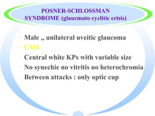 POSNER-SCHLOSSMAN
SYNDROME (glaucmato cyclitic crisis)
· Male ,, unilateral uveitic glaucoma
· CMV
· Central white KPs with variable size
· No synechie no vitritis no heterochromia
· Between attacks : only optic cup
 