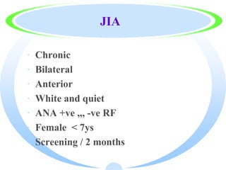 JIA
· Chronic
· Bilateral
· Anterior
· White and quiet
· ANA +ve ,,, -ve RF
· Female < 7ys
· Screening / 2 months
 