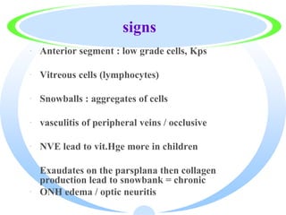 signs
· Anterior segment : low grade cells, Kps
· Vitreous cells (lymphocytes)
· Snowballs : aggregates of cells
· vasculitis of peripheral veins / occlusive
· NVE lead to vit.Hge more in children
· Exaudates on the parsplana then collagen
production lead to snowbank = chronic
· ONH edema / optic neuritis
 