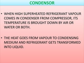 CONDENSOR
• WHEN HIGH SUPERHEATED REFRIGERANT VAPOUR
COMES IN CONDENSER FROM COMPRESSOR, ITS
TEMPERATURE IS BROUGHT DOWN BY AIR OR
WATER OR BOTH.
• THE HEAT GOES FROM VAPOUR TO CONDENSING
MEDIUM AND REFRIGERANT GETS TRANSFORMED
INTO LIQUID.
 