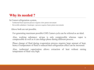 Why its needed ?
In Carnot refrigeration system,
◦ Isothermal heat rejection process requires slow piston movement
◦ Reversible adiabatic ( Isentropic ) process requires faster piston movements
Above both are not possible.
For generating maximum possible COP, Carnot cycle can be referred as an ideal.
Also, working substance; air/gas is only compressible whereas vapor is
compressible as well as it can change phase during different process.
Phase change of fluid during evaporation process requires large amount of heat,
hence if temperature of fluid is reduced then refrigeration effect can be increased.
Also, isothermal vaporization allows extraction of heat without raising
temperature of fluid very high.
4
 