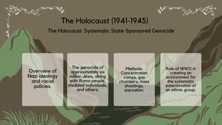 The Holocaust (1941-1945)
Overview of
Nazi ideology
and racial
policies.
The genocide of
approximately six
million Jews, along
with Roma people,
disabled individuals,
and others.
Methods:
Concentration
camps, gas
chambers, mass
shootings,
starvation.
Role of WWII in
creating an
environment for
the systematic
extermination of
an ethnic group.
The Holocaust: Systematic State-Sponsored Genocide
 