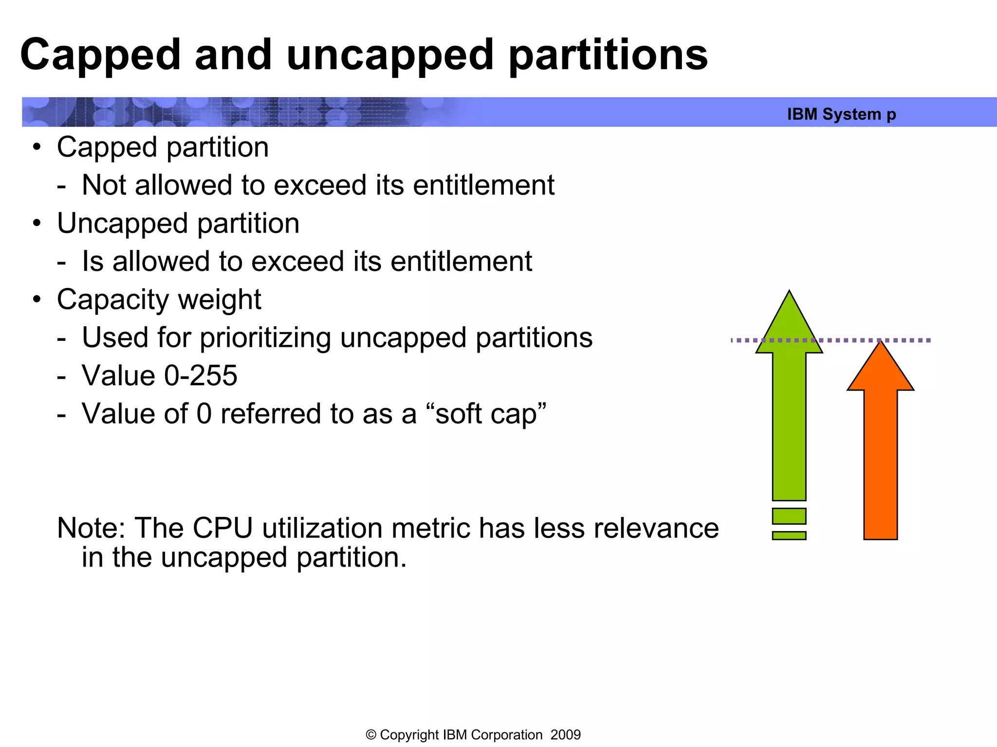 Capped and uncapped partitions Capped partition Not allowed to exceed its entitlement Uncapped partition Is allowed to exceed its entitlement Capacity weight Used for prioritizing uncapped partitions Value 0-255 Value of 0 referred to as a “soft cap” Note: The CPU utilization metric has less relevance in the uncapped partition.  