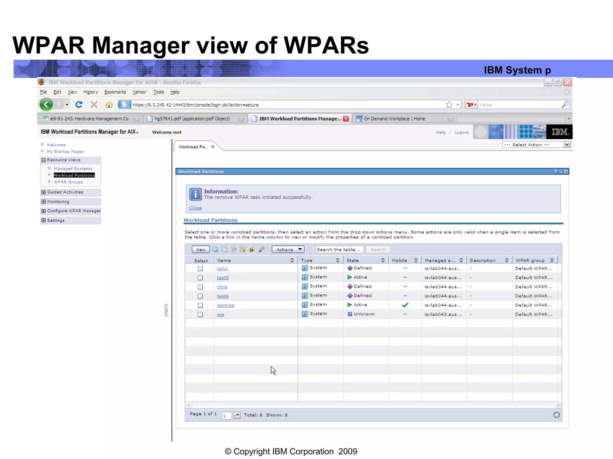 WPAR Manager view of WPARs 