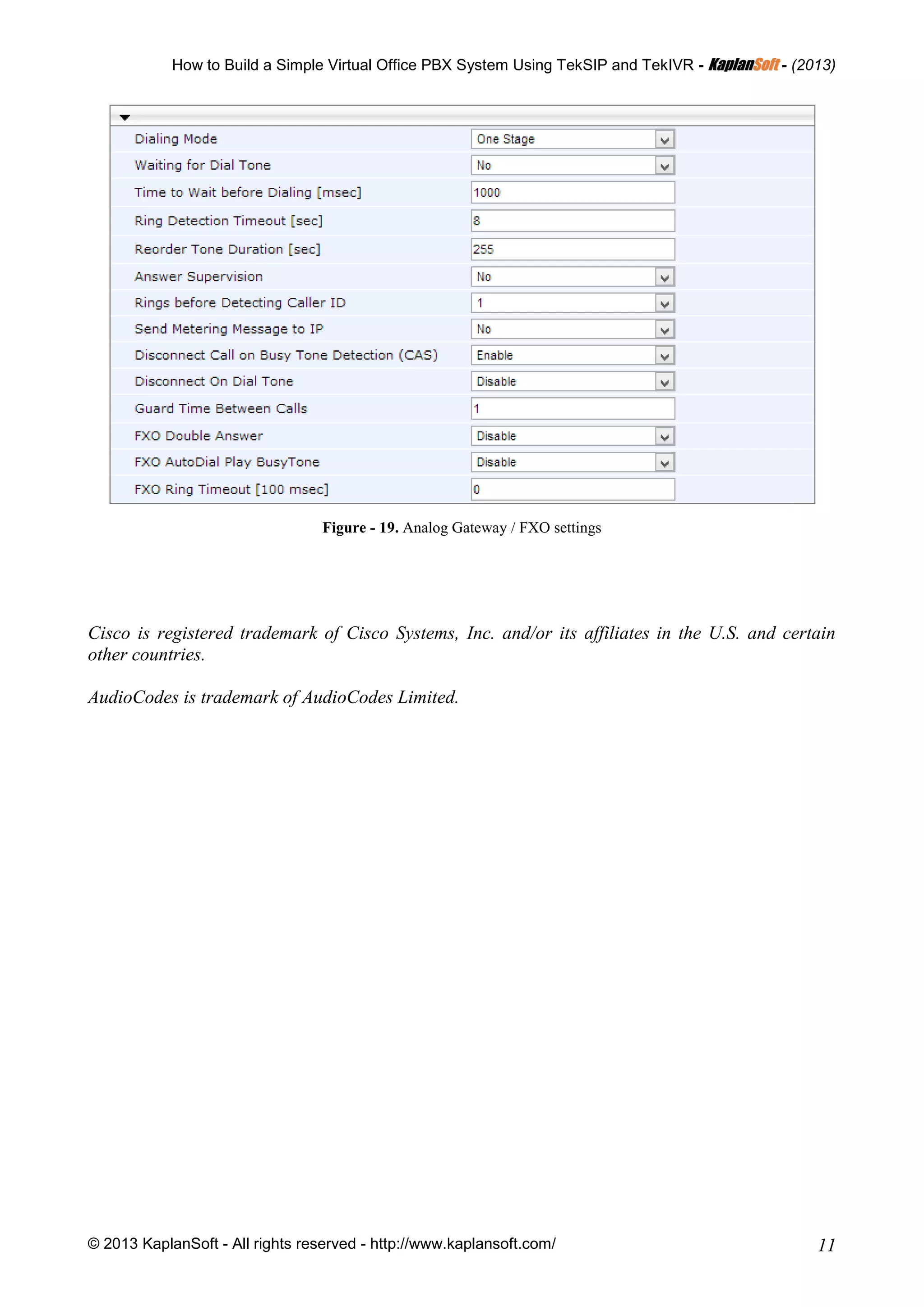 How to Build a Simple Virtual Office PBX System Using TekSIP and TekIVR - KKaappllaannSSoofftt - (2013)
© 2013 KaplanSoft - All rights reserved - http://www.kaplansoft.com/ 11
Figure - 19. Analog Gateway / FXO settings
Cisco is registered trademark of Cisco Systems, Inc. and/or its affiliates in the U.S. and certain
other countries.
AudioCodes is trademark of AudioCodes Limited.
 
