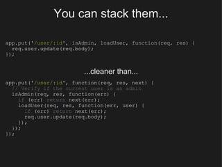 You can stack them... app.put(' /user/:id ', isAdmin, loadUser, function(req, res) {    req.user.update(req.body); }); app.put(' /user/:id ', function(req, res, next) {    // Verify if the current user is an admin    isAdmin(req, res, function(err) {      if  (err)  return  next(err);      loadUser(req, res, function(err, user) {        if  (err)  return  next(err);        req.user.update(req.body);      });    }); }); ...cleaner than... 