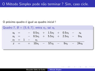 O M´todo Simplex pode n˜o terminar ? Sim, caso cicle.
   e                   a



O pr´ximo quadro ´ igual ao quadro inicial !
    o            e

Quadro 7, B = {5, 6, 7}, entra x1 , sai x5
       x6   =         −      0.5x1       +      1.5x2    +        0.5x3   −    x4
       x5   =         −      0.5x1       +      5.5x2    +        2.5x3   −   9x4
       x7   =   1     −        x1
       z    =         +      10x1        −      57x2     −        9x3     −   24x4




                    Alexandre Salles da Cunha    M´todo Simplex
                                                  e
 