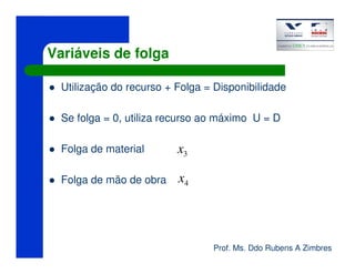 Prof. Ms. Ddo Rubens A Zimbres
Variáveis de folga
Utilização do recurso + Folga = Disponibilidade
Se folga = 0, utiliza recurso ao máximo U = D
Folga de material
Folga de mão de obra
3x
4x
 
