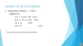 Sample of an LP problem

9
Converting it to slack format would be like…
 