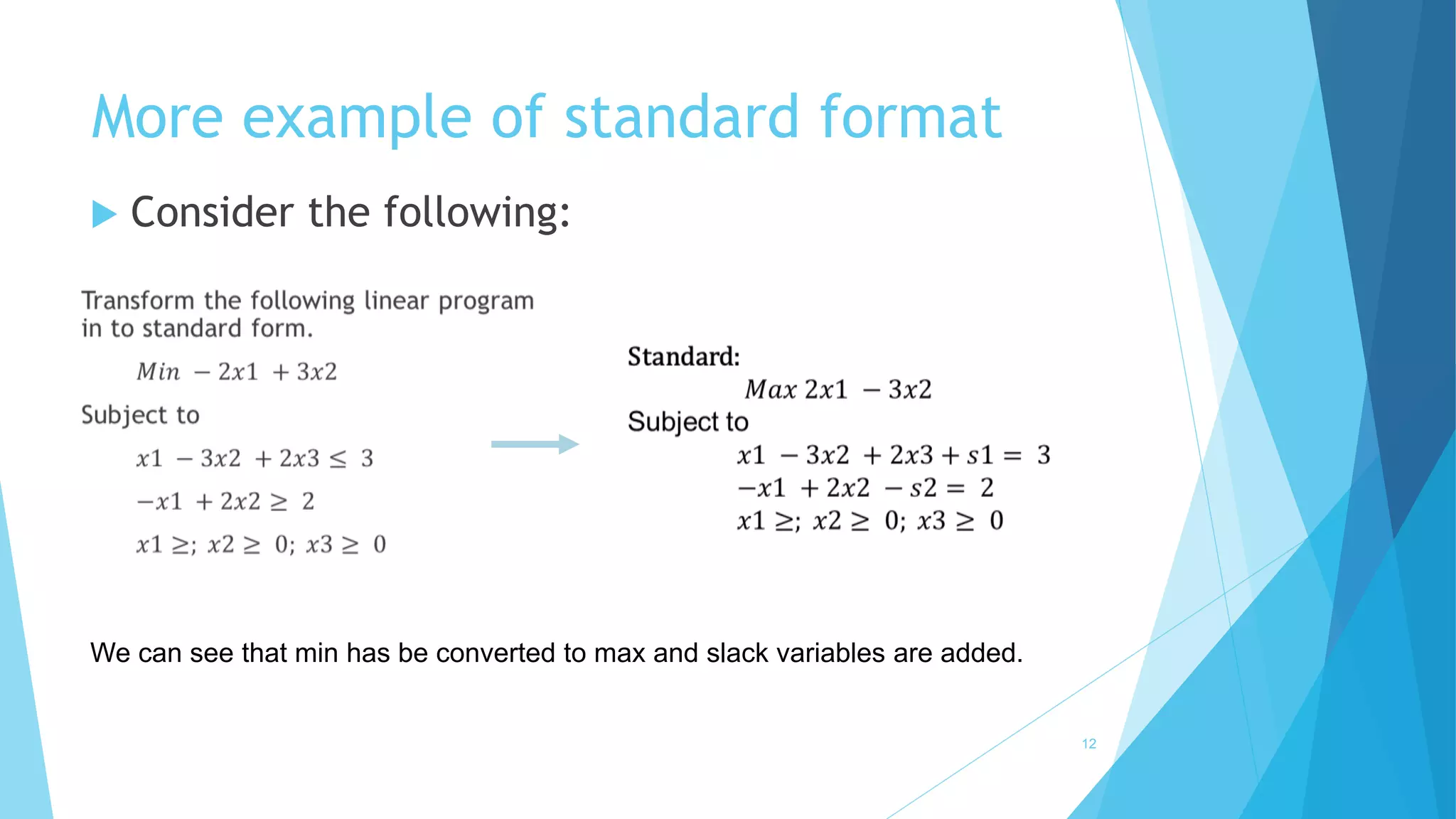 More example of standard format 
12 
 Consider the following: 
We can see that min has be converted to max and slack variables are added. 
 