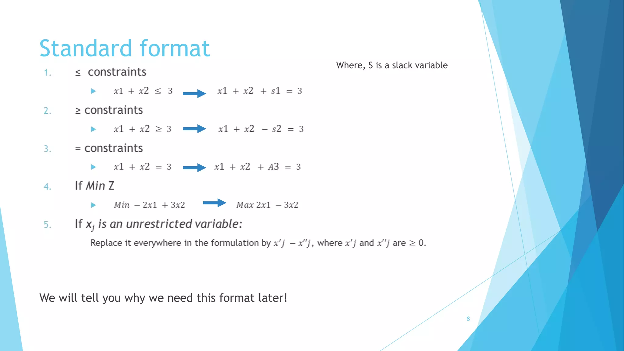 Standard format 
8 
We will tell you why we need this format later! 
Where, S is a slack variable 
 