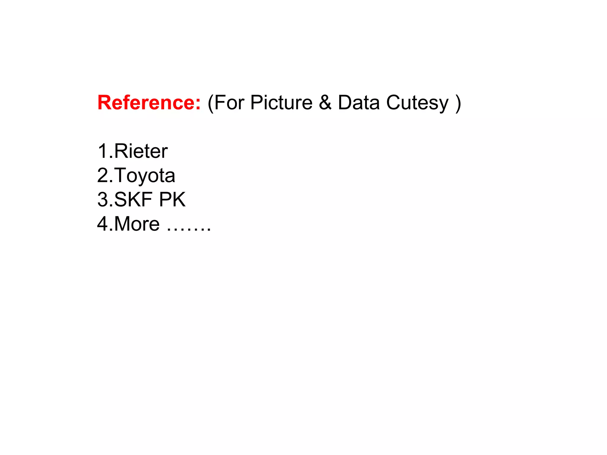 Reference: (For Picture & Data Cutesy )
1.Rieter
2.Toyota
3.SKF PK
4.More …….

 