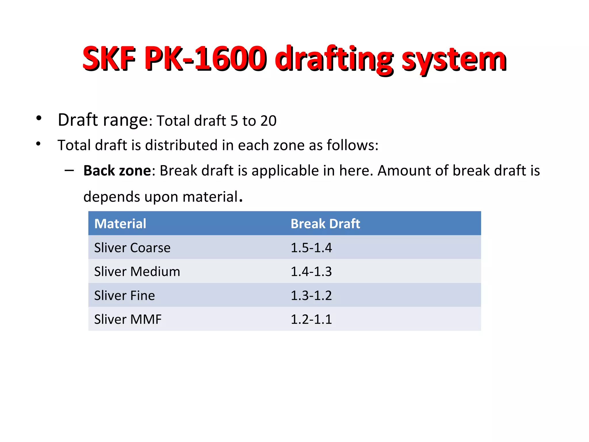 SKF PK-1600 drafting system
• Draft range: Total draft 5 to 20
•

Total draft is distributed in each zone as follows:
– Back zone: Break draft is applicable in here. Amount of break draft is
depends upon material.
Material

Break Draft

Sliver Coarse

1.5-1.4

Sliver Medium

1.4-1.3

Sliver Fine

1.3-1.2

Sliver MMF

1.2-1.1

 