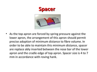 Spacer

• As the top apron are forced by spring pressure against the
lower apron, the arrangement of this apron should permit
precise adoption of minimum distance to fibre volume. In
order to be able to maintain this minimum distance, spacer
are replace ably inserted between the nose bar of the lower
apron and the cradle edge of top apron. Spacer size is 4 to 7
mm in accordance with roving hank.

 