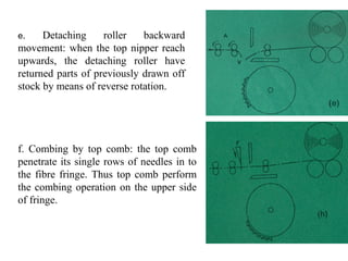 e.

Detaching
roller
backward
movement: when the top nipper reach
upwards, the detaching roller have
returned parts of previously drawn off
stock by means of reverse rotation.

f. Combing by top comb: the top comb
penetrate its single rows of needles in to
the fibre fringe. Thus top comb perform
the combing operation on the upper side
of fringe.

 