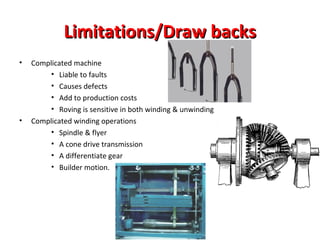 Limitations/Draw backs
•

•

Complicated machine
• Liable to faults
• Causes defects
• Add to production costs
• Roving is sensitive in both winding & unwinding
Complicated winding operations
• Spindle & flyer
• A cone drive transmission
• A differentiate gear
• Builder motion.

 