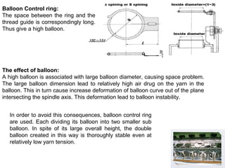 Balloon Control ring:
The space between the ring and the
thread guide is correspondingly long.
Thus give a high balloon.

The effect of balloon:
A high balloon is associated with large balloon diameter, causing space problem.
The large balloon dimension lead to relatively high air drug on the yarn in the
balloon. This in turn cause increase deformation of balloon curve out of the plane
intersecting the spindle axis. This deformation lead to balloon instability.
In order to avoid this consequences, balloon control ring
are used. Each dividing its balloon into two smaller sub
balloon. In spite of its large overall height, the double
balloon created in this way is thoroughly stable even at
relatively low yarn tension.

 