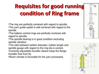 Requisites for good running
condition of Ring frame
•The ring are perfectly centered with regard to spindle.
•The yarn guide eyelet is well centered with regard to the
spindle.
•The balloon control rings are perfectly centered with
regard to spindle
•The spindle bearing is in good condition excluding
spindle vibration.
•The ratio between bobbin diameter, bobbin length and
spindle gauge with regard to the ring dia is correct.
•Correctly adjustable traveller clearer keep the flange
traveller free from fly.
•Room climate is favorable for the yarn processed.

 